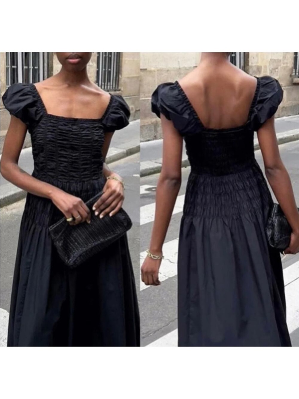 Caroline Constas Black Cotton Poplin Smocked Shirred Puff Sleeve Maxi Dress Sz S - Picture 3 of 12